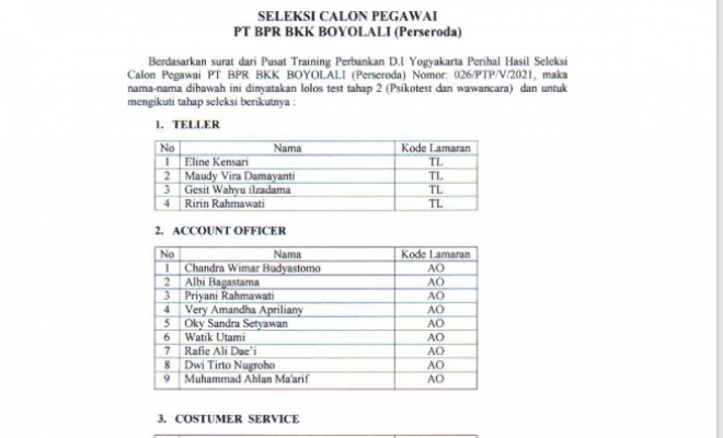 HASIL SELEKSI CALON PEGAWAI PT BPR BKK BOYOLALI ( PERSERODA ) TAHAP LULUS PSIKOTES DAN WAWANCARA